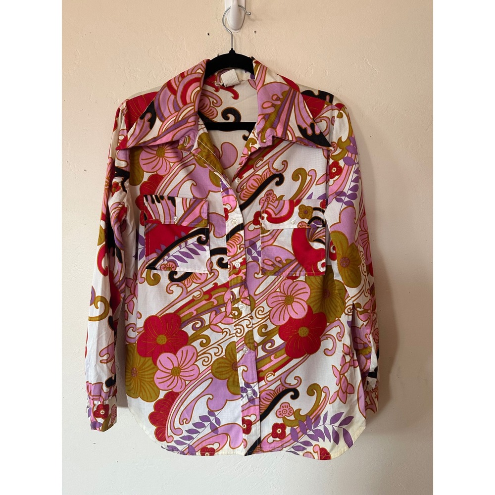 Vintage 70s Rhoda Lee Psychedelic Floral Dagger Collar Blouse Top Made in Israel